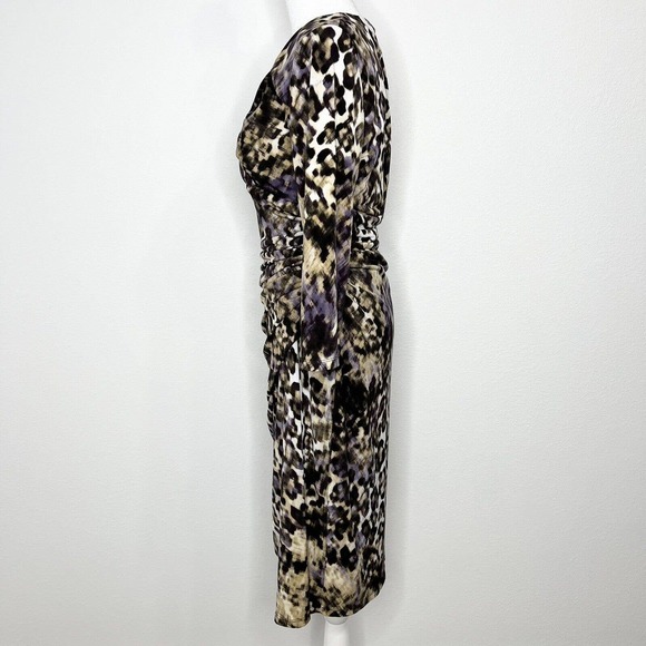 LAUREN Ralph Lauren Brown & Purple Leopard V-Neck 3/4 Sleeve Ruched Dress Sz 10 - Picture 4 of 11